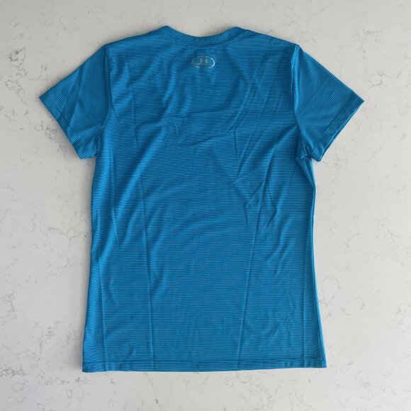 Under Armour Activewear SS V Neck Loose Fit Striped Polyester Shirt Blue Sz S - Picture 4 of 8